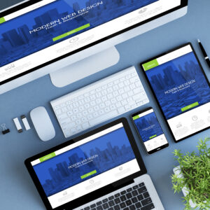 top view blue devices home modern web design city business websi